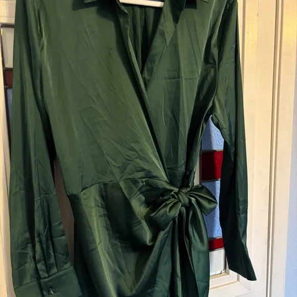 Satin Long Sleeve Wrap Blouse in Hunter Green - Picture 3 of 4